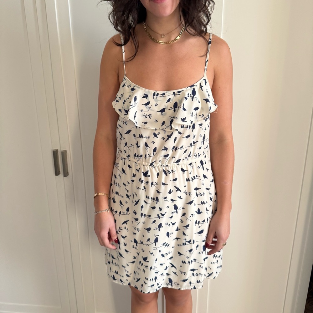 Olive & Oak White & Blue Bird Print Ruffle Dress size medium